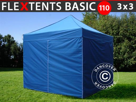 Vouwtent/Easy up tent FleXtents Basic 110, 3x3m Blauw, inkl. 4 zijwanden