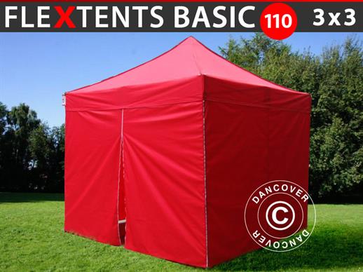 Vouwtent/Easy up tent FleXtents Basic 110, 3x3m Rood, inkl. 4 Zijwanden