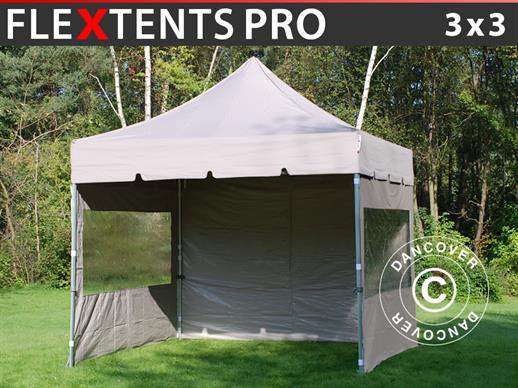 Vouwtent/Easy up tent FleXtents PRO "Peaked" 3x3m Latte, inkl. 4 zijwanden