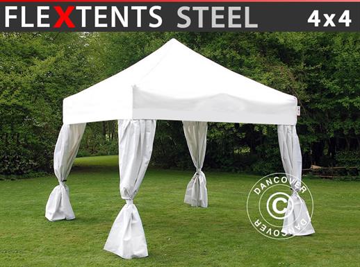 Quick-up telt FleXtents Steel 4x4m Hvit, inkl. 4 dekorative gardiner