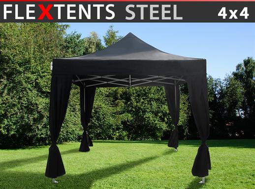 Snabbtält FleXtents Steel 4x4m Svart, inkl. 4 dekorativa gardiner
