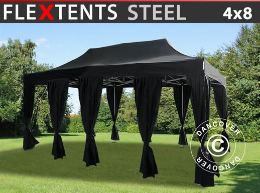 Pop up gazebo FleXtents Steel 4x8 m Black, incl. 10 decorative curtains