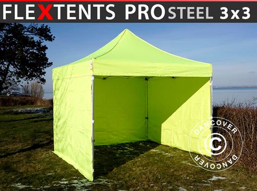 Quick-up telt FleXtents PRO Steel 3x3m Neongul/grønn, inkl. 4 sider