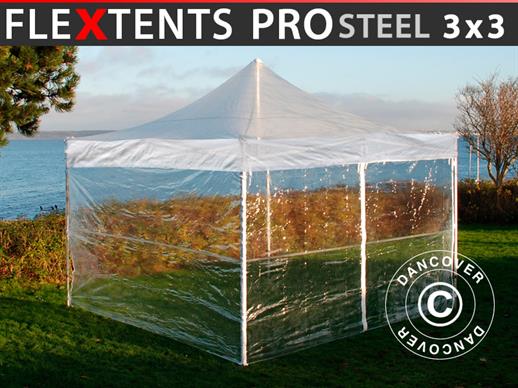 Foldetelt FleXtents PRO Steel 3x3m Transparent, inkl. 4 sider