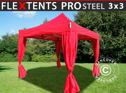 Namiot Ekspresowy FleXtents PRO Steel 3x3m Czerwony, zawierający 4 ozdobnymi kurtynami