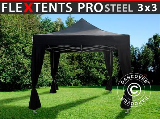 Namiot Ekspresowy FleXtents PRO Steel 3x3m Czarny, zawierający 4 ozdobnymi kurtynami
