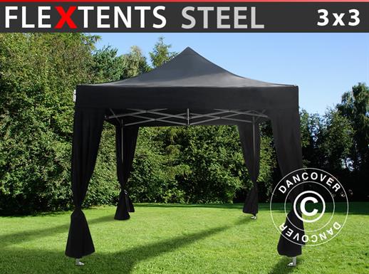 Pop up aiatelk FleXtents Steel 3x3m Must, kaasas dekoratiivse kardinaga