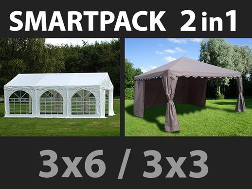SmartPack solução 2-em-1: Tenda para festas Original 3x6m, Branca/Gazebo 3x3m, Areia