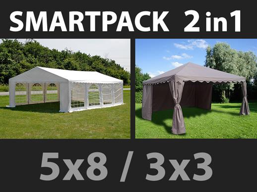 SmartPack solução 2-em-1: Tenda para festas Original 5x8m, Branca/Gazebo 3x3m, Areia