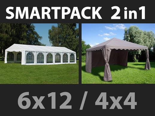 SmartPack 2-i-1 løsning: Partytelt Exclusive 6x12m, Hvid/Pavillon 4x4m, Sand