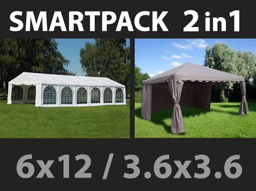 SmartPack 2-in-1 ratkaisu: Juhlateltta Exclusive 6x12m, Valkoinen/Paviljonki 3,6x3,6m, Hiekka