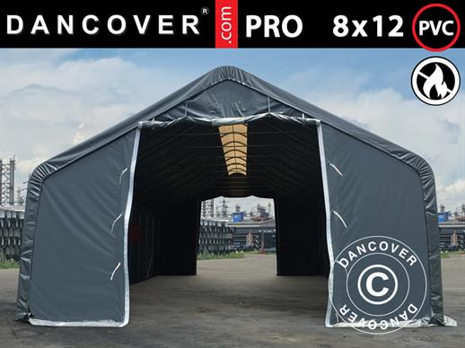 Noliktavas telts PRO 8x12x5,2m PVC ar gaismas caurlaidīgu jumta paneli, Pelēks