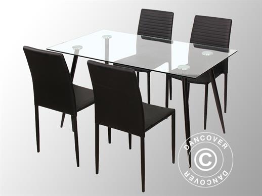 Valgomojo rinkinys su 1 valgomojo stalu Bologna, Skaidrus/Juoda + 4 valgomojo kėdės Firenze, Juoda/Juoda