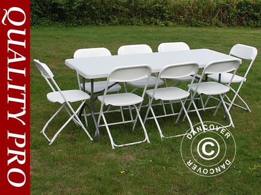 Juhlapaketti, 1 kokoontaitettava pöytä PRO (182cm) + 8 tuolit & 8 istuintyynyt, Vaalean harmaa/Valkoinen