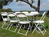 Conjunto para fiesta, 1 mesa plegable PRO (182cm) + 8 sillas & 8 cojines para el asiento, Gris claro/Blanco