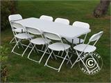 Juhlapaketti, 1 kokoontaitettava pöytä PRO (182cm) + 8 tuolit & 8 istuintyynyt, Vaalean harmaa/Valkoinen