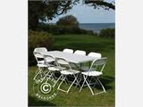 Conjunto para fiesta, 1 mesa plegable PRO (182cm) + 8 sillas & 8 cojines para el asiento, Gris claro/Blanco