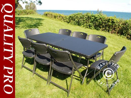 Pakiet Party, 1 składany stół PRO (182 cm) + 8 krzeseł, imitacja rattanu, czarne