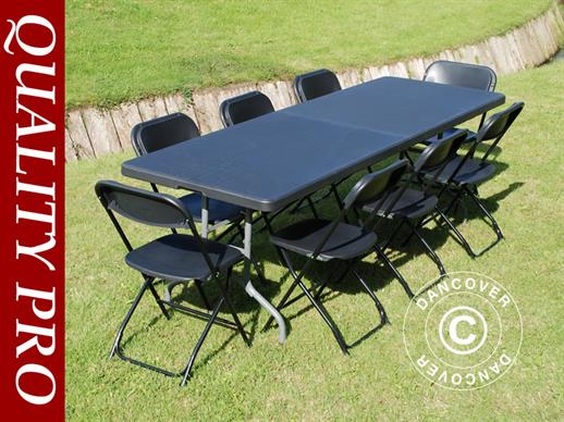 Pakiet Party, 1 składany stół PRO (242cm) + 8 Krzesła składane, Czarny