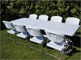 Juhlapaketti, 1 kokoontaitettava pöytä PRO (242cm) + 8 tuolit,  Vaalean harmaa/Valkoinen