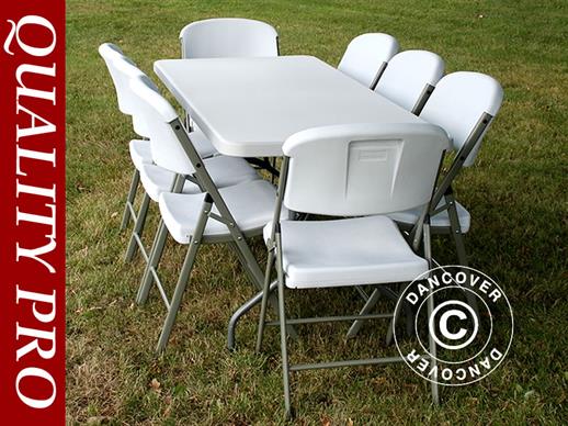 Party komplet, 1 banket stol PRO (182cm) + 8 stolice, Siva/Bijela