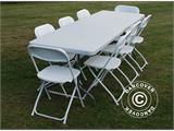 Parti forfait, 1 table pliante (240cm) + 8 chaises pliantes, Gris clair/Blanc