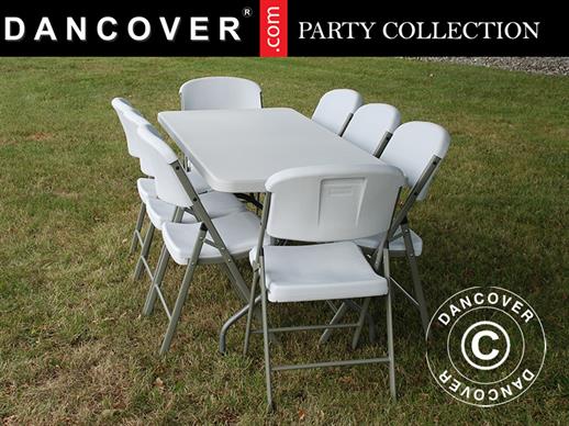 Pakiet Party, 1 składany stół (240cm) + 8 Krzesła składane, Jasny szary/Biały