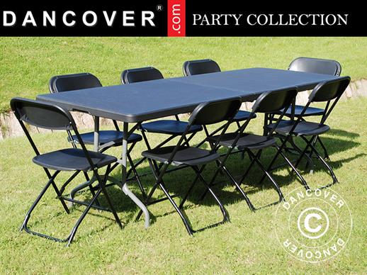 Pakiet Party, 1 składany stół (240cm) + 8 Krzesła składane, Czarny