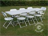 Conjunto de festa, 1 mesa dobrável (242cm) + 8 cadeiras & 8 almofadas de cadeira, Luz cinza/Branco