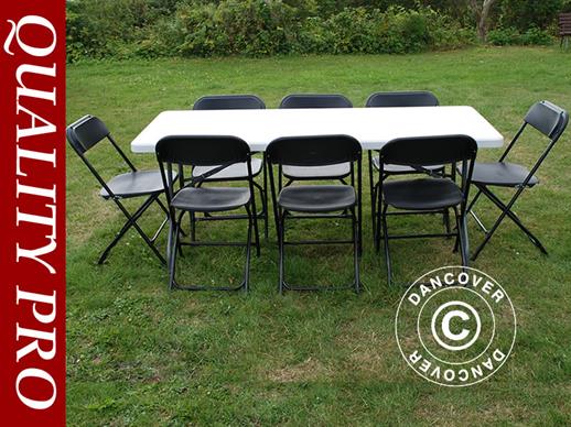 Conjunto de festa, 1 mesa dobrável (183cm) + 8 cadeiras, Branco/Preto